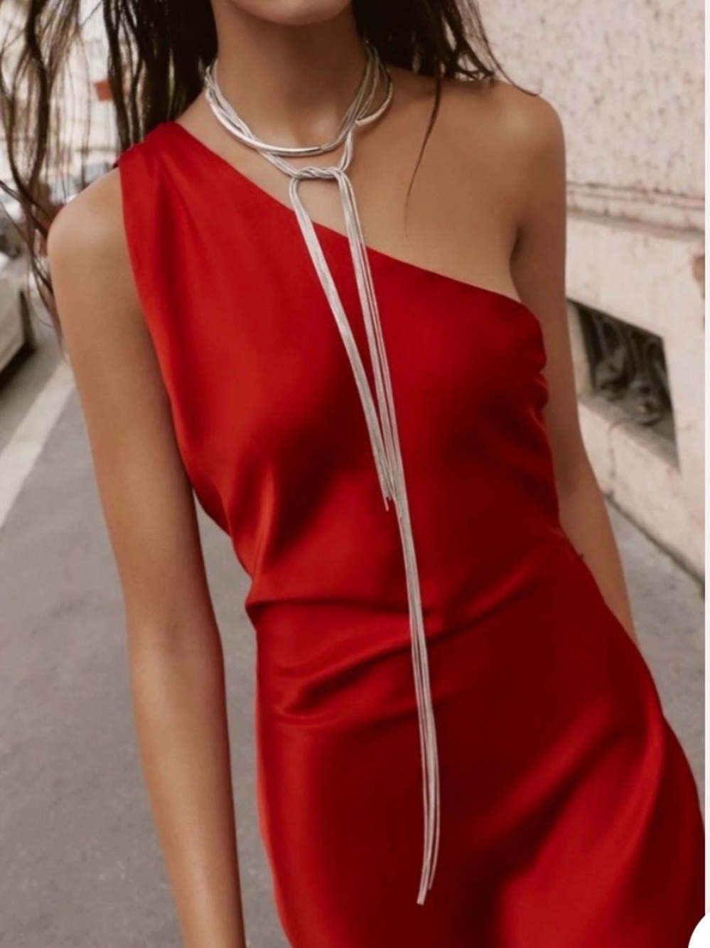 Zara Red Satin One-Shoulder Dress - Picture 3 of 8